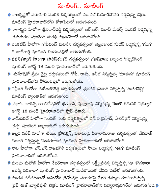 telugu movies shootings,shootings in hyderabad,nagarjuna damarukam shooting,balakrsihna in paruchuri murali film shooting,mahesh in dookudu shooting,gabbar singh shooting from august 18th,rebel next schedule from august 18th  telugu movies shootings, shootings in hyderabad, nagarjuna damarukam shooting, balakrsihna in paruchuri murali film shooting, mahesh in dookudu shooting, gabbar singh shooting from august 18th, rebel next schedule from august 18th